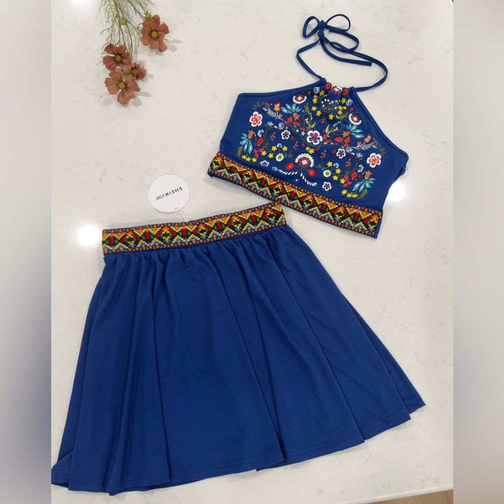 SHEIN set skirt Blue Top with Colorful Embroidery